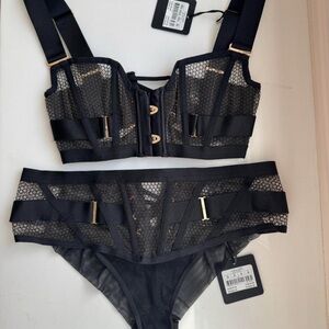 Honey birdette Chanee RARE Black Lingerie Set 32DD medium fishnet tulle